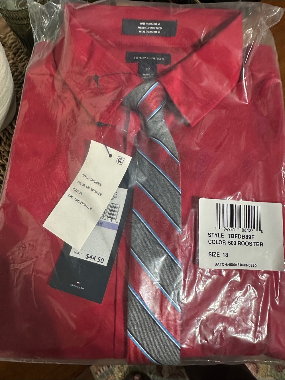 Tommy Hilfiger Big Boys Red Dress Shirt with Tie Size 18- NEW